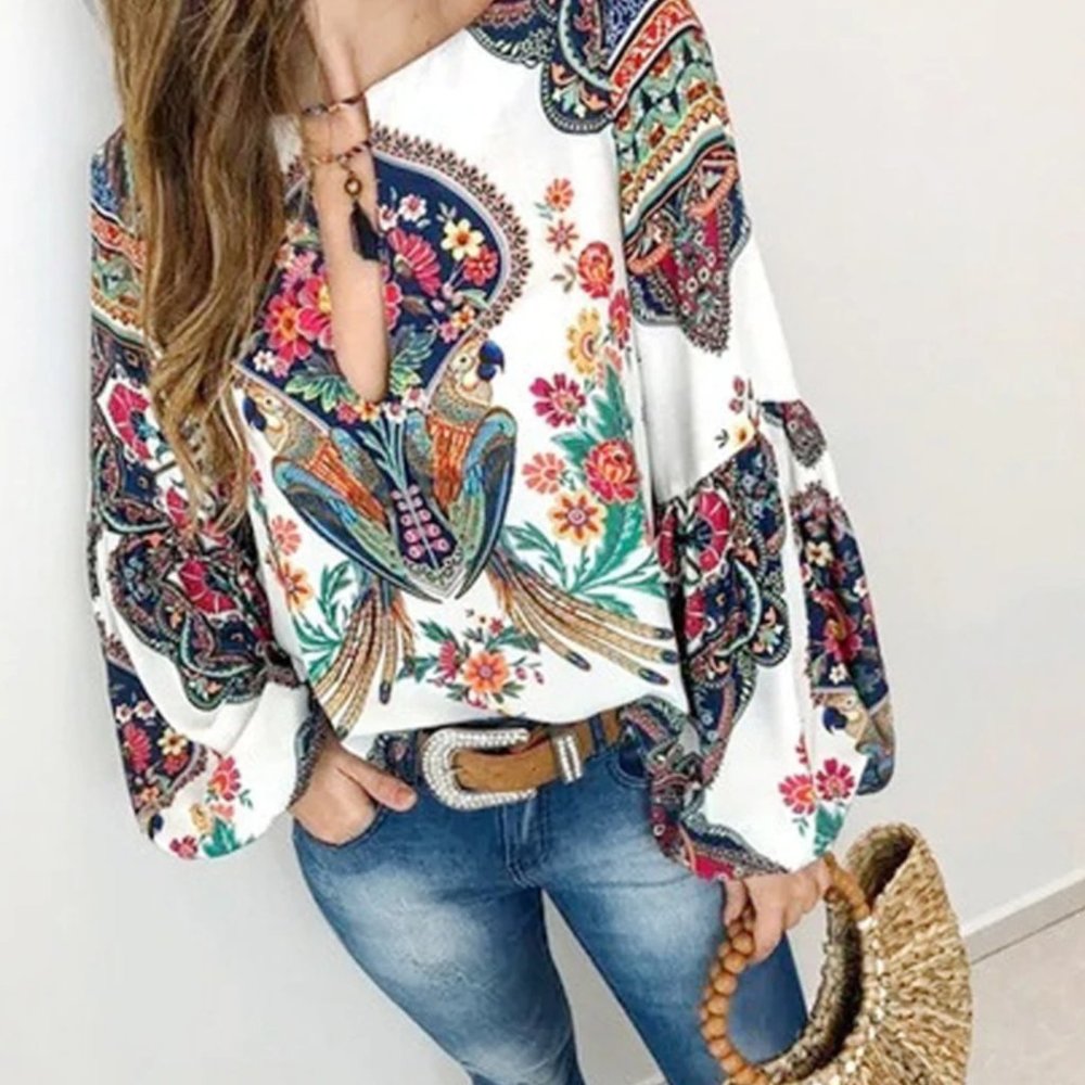 Gorgeous Boho Floral Print Lantern Tasse Blouse